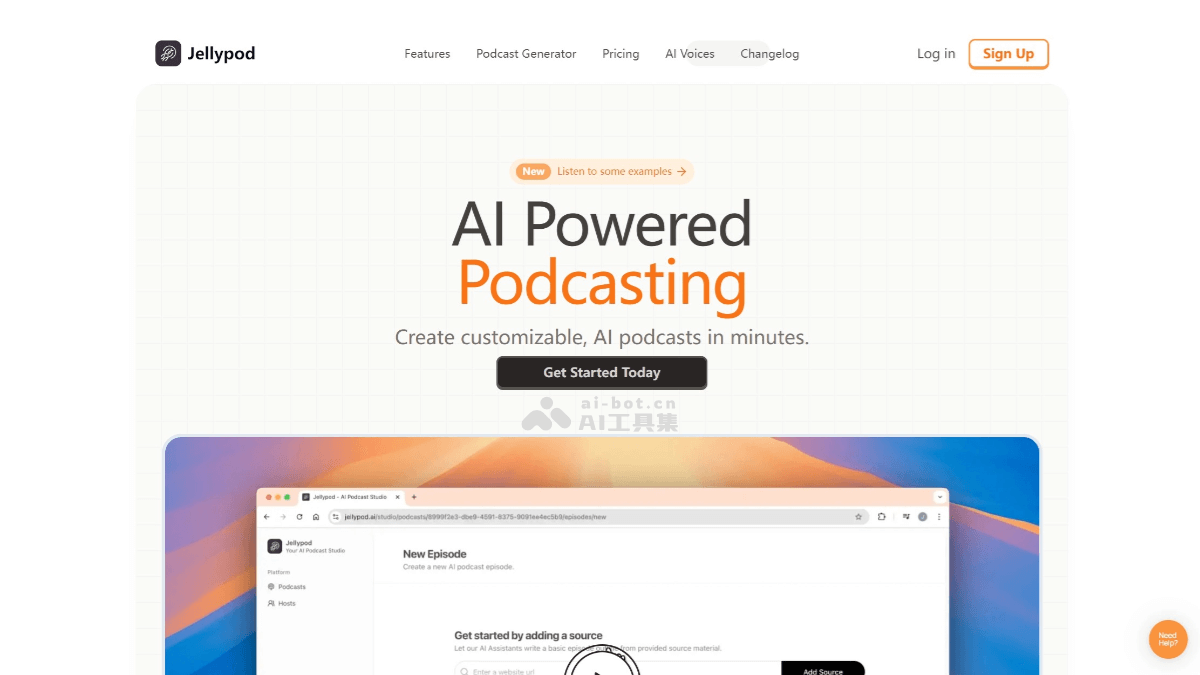 Jellypod – AI播客制作平台，支持多种内容格式自动生成播客脚本插图