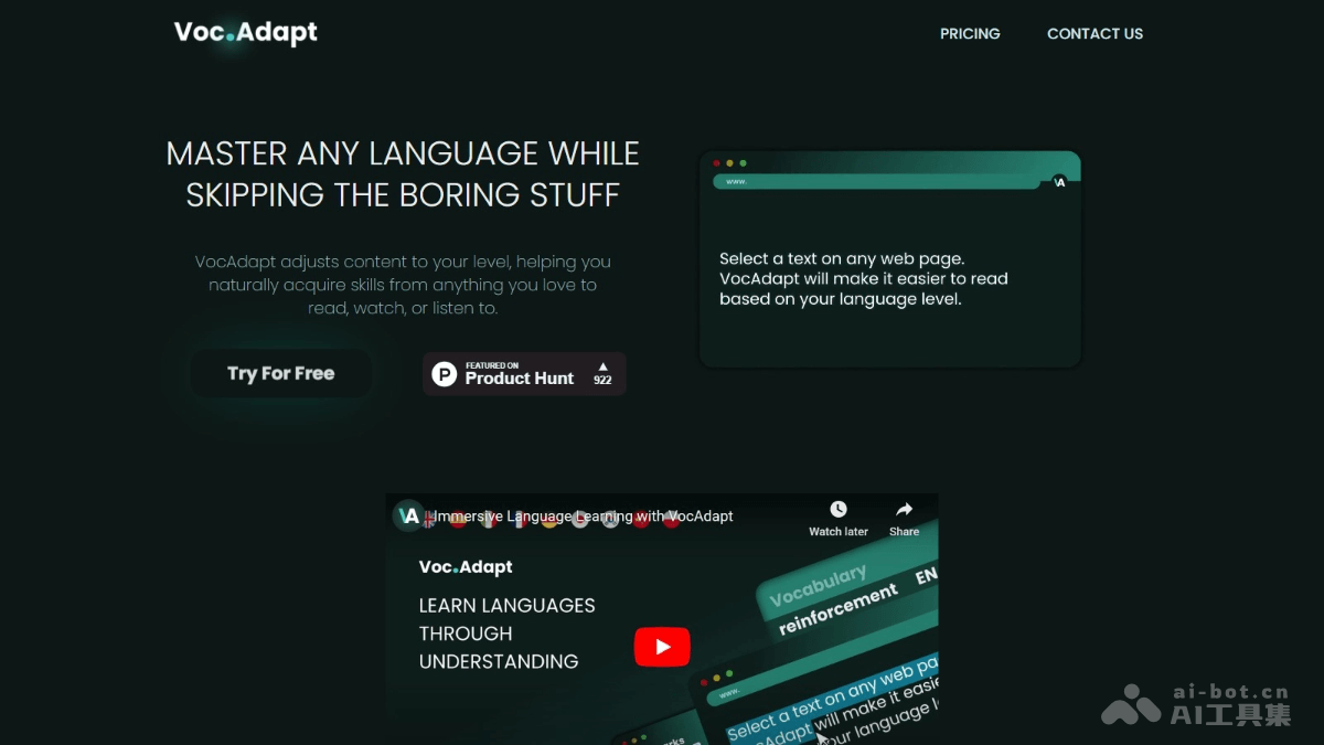 Voc.Adapt – AI语言学习工具，智能调整文本、音视频内容的语言学习难度插图
