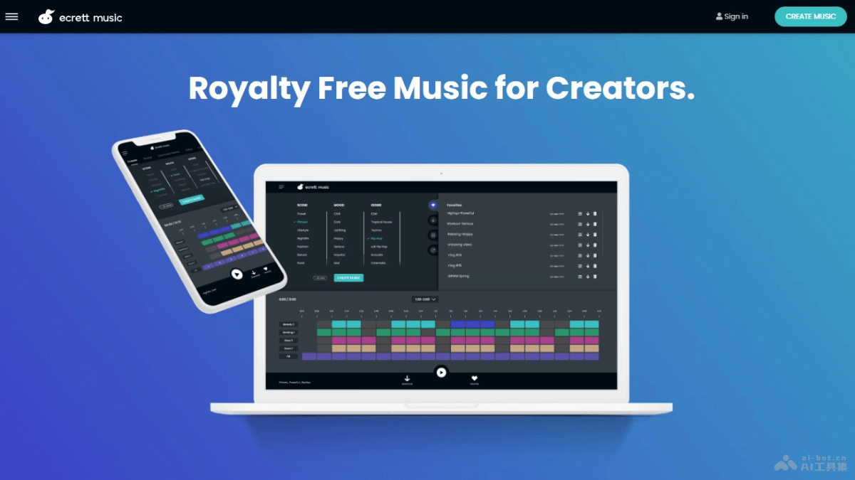 ecrett music – AI音乐创作平台，选择场景、情绪、流派自动创作免版税音乐插图