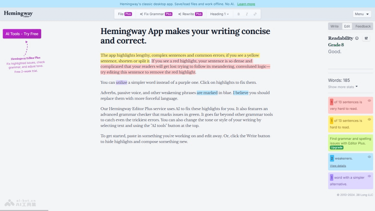 Hemingway Editor – 在线AI写作辅助工具，颜色区分高亮显示插图