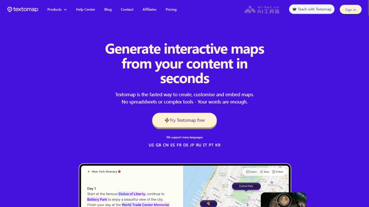 textomap – 行程规划在线AI工具，快速文本位置生成交互式地图插图