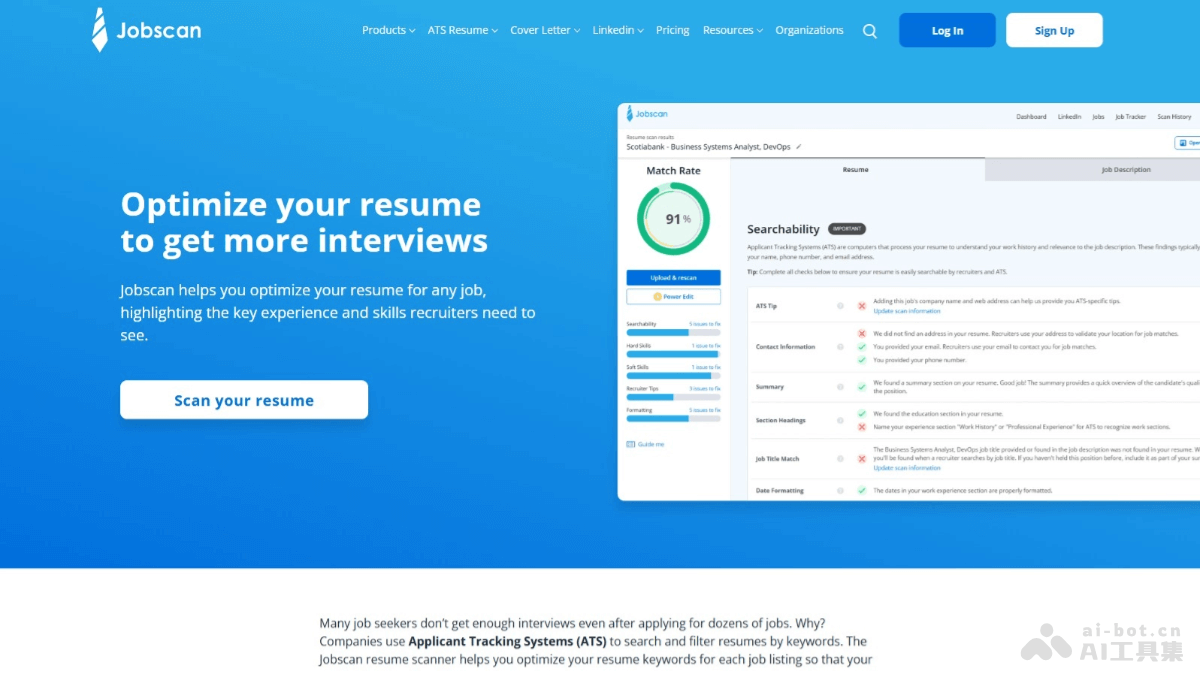 Jobscan – AI简历优化工具，分析简历与职位描述生成匹配率报告插图