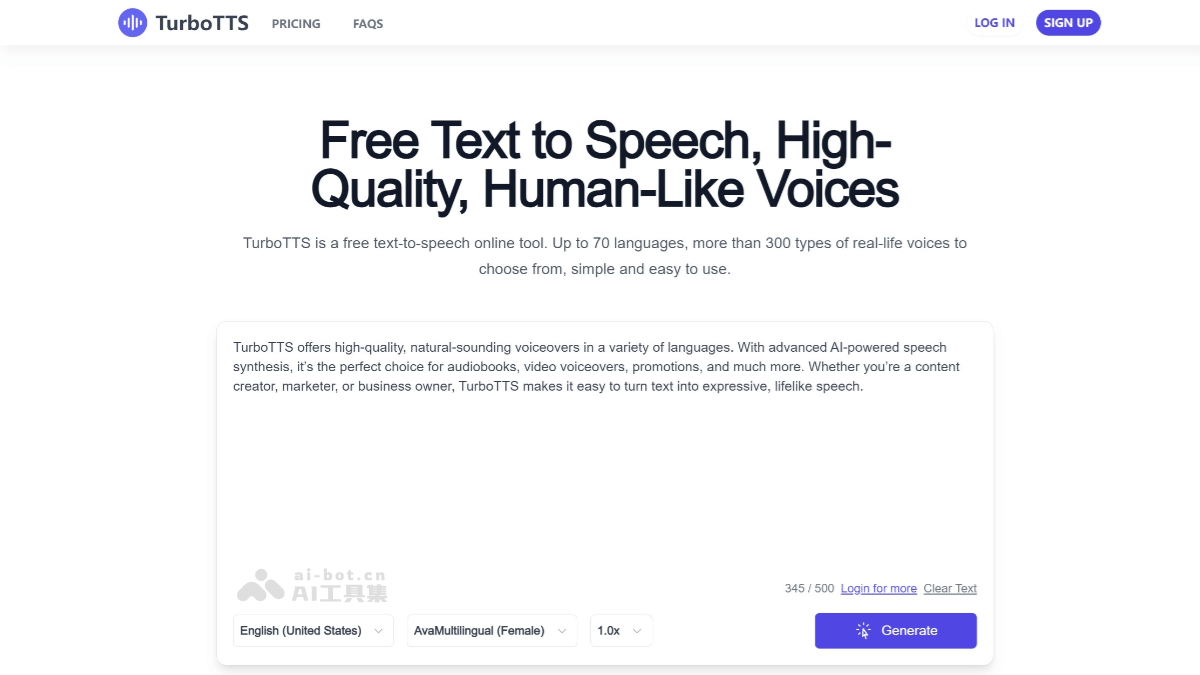 TurboTTS – 免费AI文本转语音工具，支持70多种语言和300多种真实语音插图