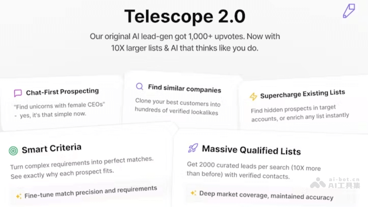Telescope 2.0 – AI销售线索生成平台，自定义搜索条件精准定位销售线索插图